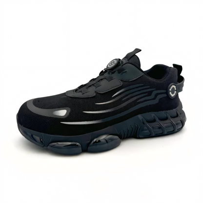 Scarpa sportiva nera con suola ammortizzata, design moderno e dettagli riflettenti. Ideale per corsa e allenamento. Scarpe da ginnastica uomo.