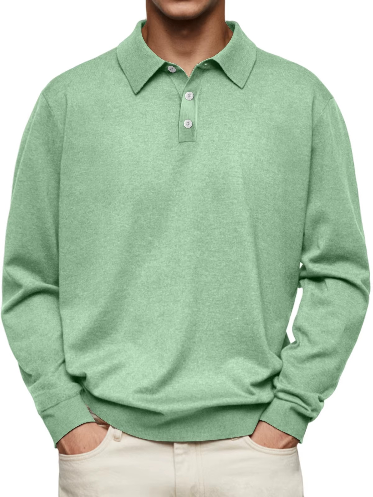 Maglione verde uomo con colletto e bottoni, stile casual elegante, tessuto morbido, ideale per moda autunnale e invernale.