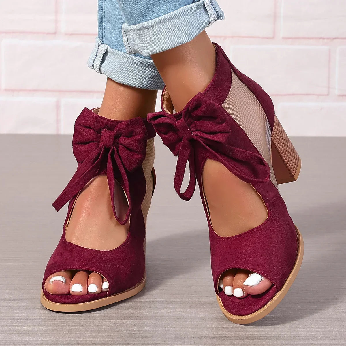 Women's Sandals with Heel, Bow, and Mesh Inserts – Back Zipper Closure