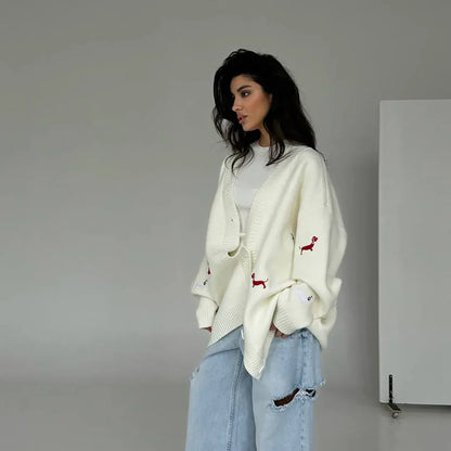 Cardigan Donna in Maglia con Motivo Bassotto e Maniche Lunghe – Stile Versatile