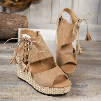 Cuñas de verano para mujer con plataforma de yute trenzado, cordones en el tobillo, punta abierta – Estilo yute