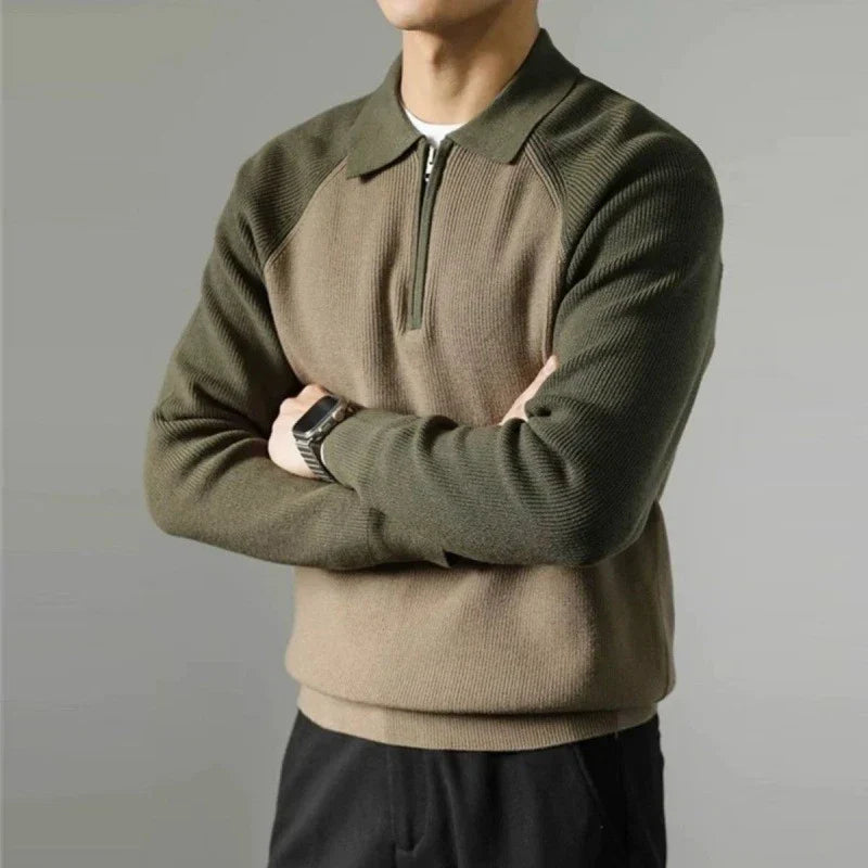 Herre business sweater med lynlås, polo-krave og raglanærmer – Strikstil