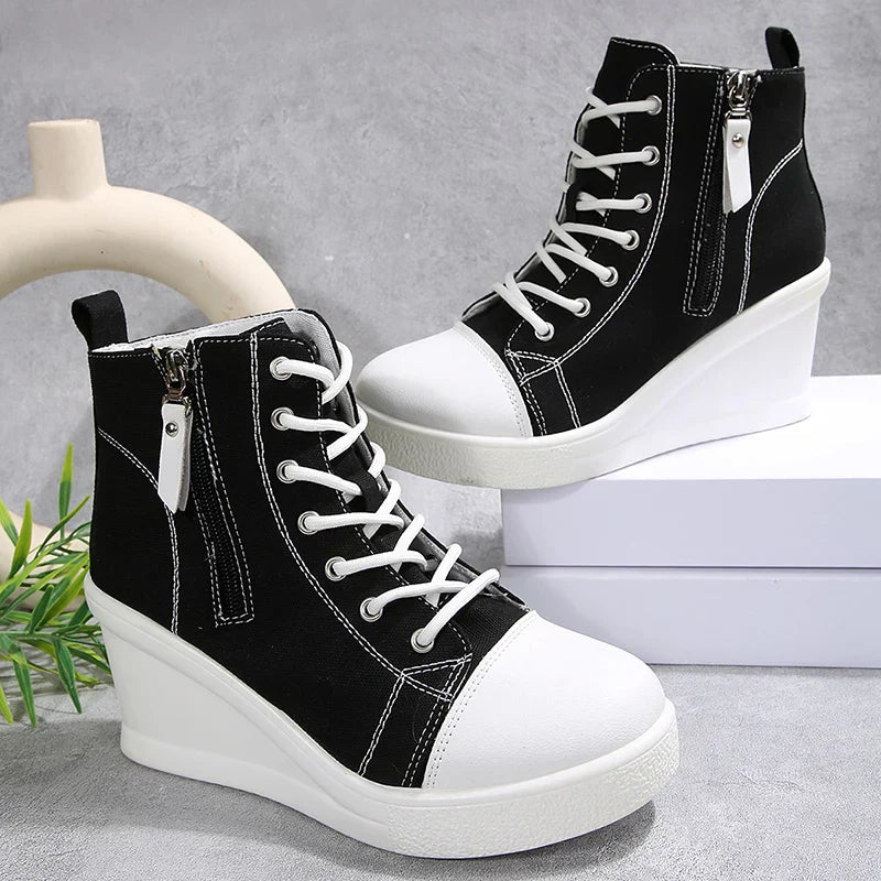 Women's Sneakers with Wedge, Side Zip, and Front Lacing