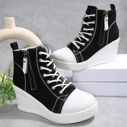 Women's Sneakers with Wedge, Side Zip, and Front Lacing