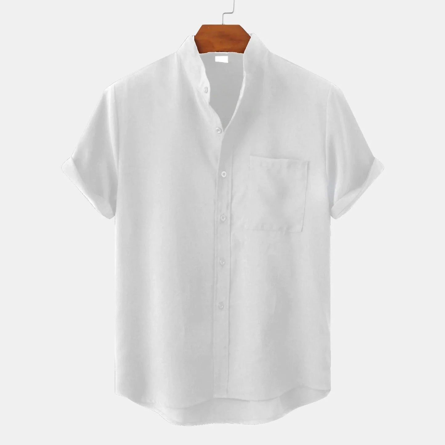 Camicia Estiva da Uomo in Misto Lino a Maniche Corte Senza Colletto con Bottoni