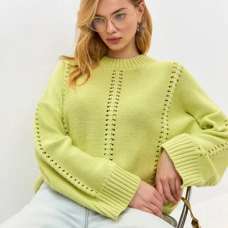 Maglione Donna Oversize in Maglia Traforata con Girocollo – Stile Leggero e Strutturato