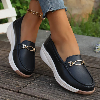 Women's Moccasins with Platform and Gold Detail – Slip-On with Flexible Sole