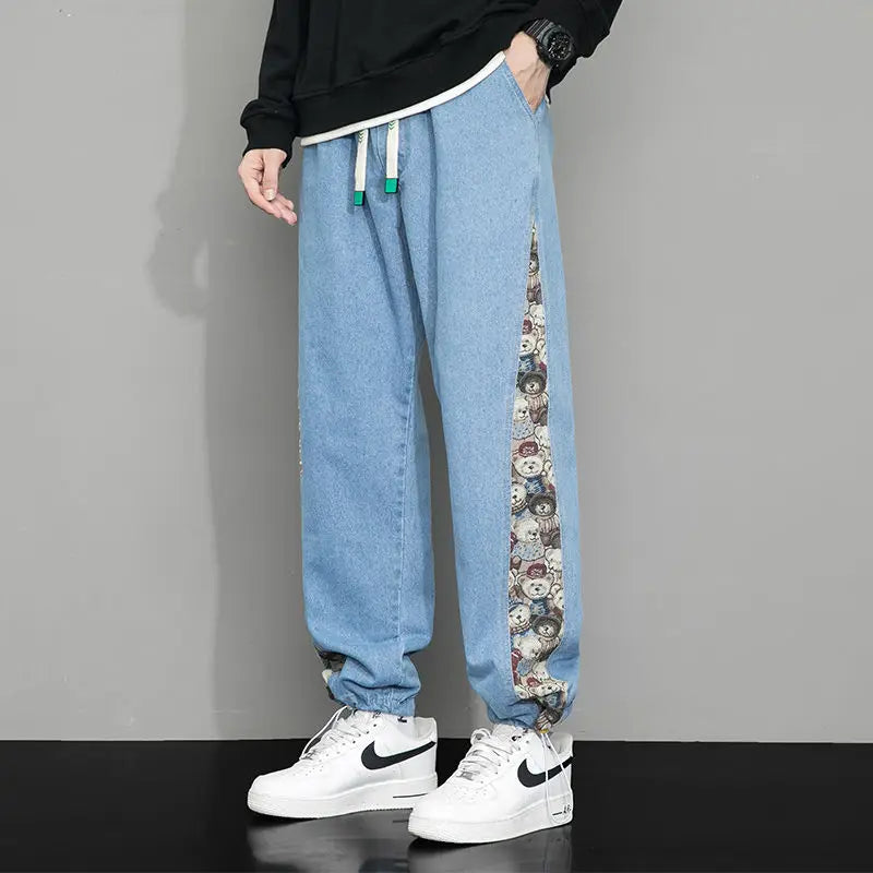Men's Denim Style Jogger Pants with Bear Print – Comfortable Fit