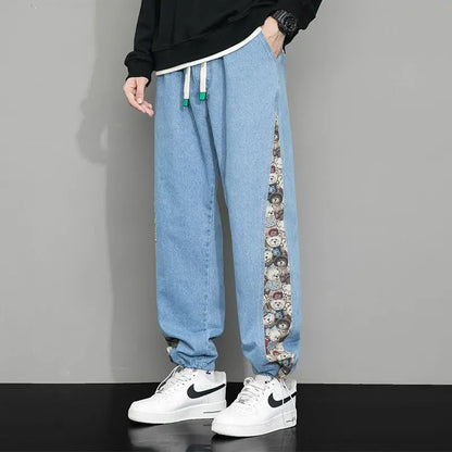 Men's Denim Style Jogger Pants with Bear Print – Comfortable Fit