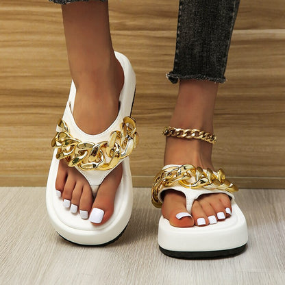 Women's Slip-On Ballet Flats with Decorative Chain – Rounded Toe and Flat Sole