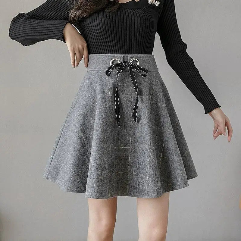 Gonna Mini Donna a Vita Alta con Motivo a Quadri e Fascia Elastica – Cotone Blend