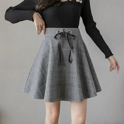 Gonna Mini Donna a Vita Alta con Motivo a Quadri e Fascia Elastica – Cotone Blend