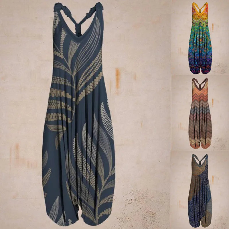 Tuta estiva da donna in cotone, design boho con stampa floreale, disponibile in vari colori. Abbigliamento casual, moda femminile estiva.