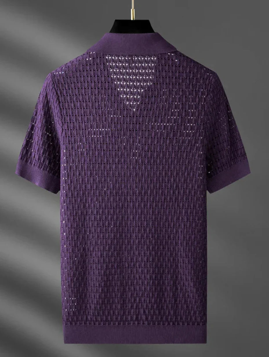 Men's Summer Polo Shirt in Lightweight Knit with Short Sleeves and Openwork Design