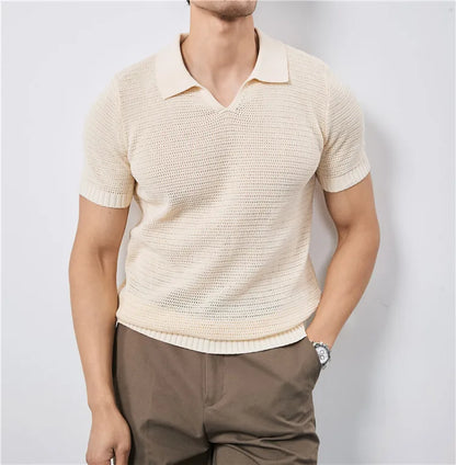 Men's Summer Polo with V-Neck and Elastic Hem