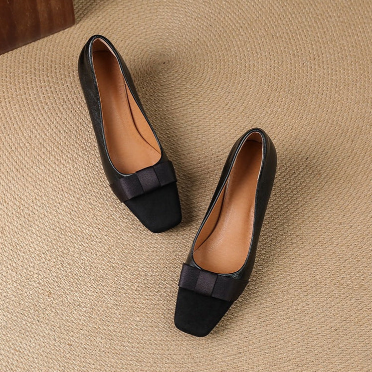 Women's Low Block Heel Pumps with Front Bow and Padded Insole – Elegant Shoes