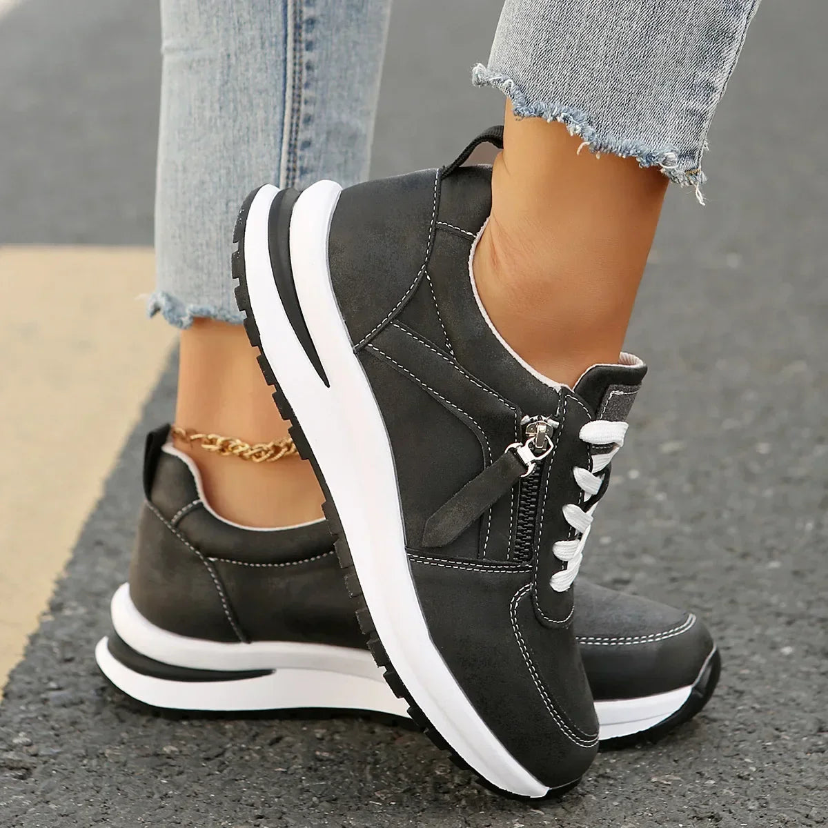 Women's Platform Sneakers with Laces and Side Zipper – Supportive Sole