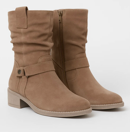 Stivaletti da Donna in Camoscio Sand con Tacco Basso e Zip Laterale