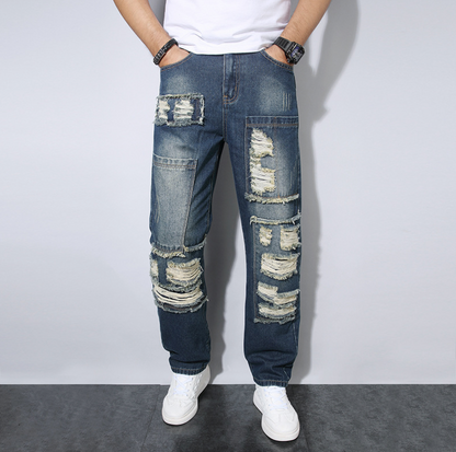 Jeans Uomo Loose Fit Dritto con Design Patchwork Strappato – Stile Streetwear