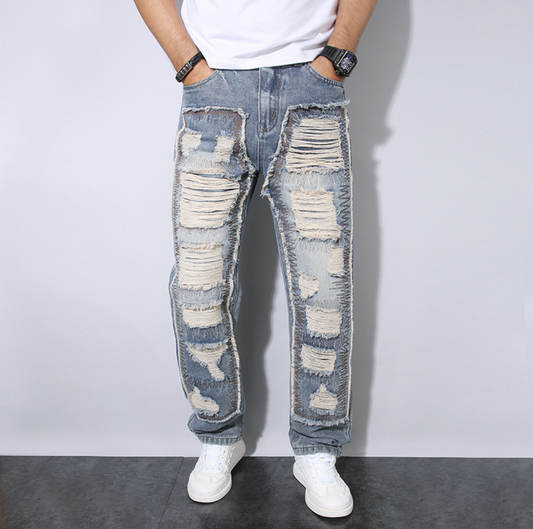 Jeans Uomo Loose Fit Dritto con Design Patchwork Strappato – Stile Streetwear