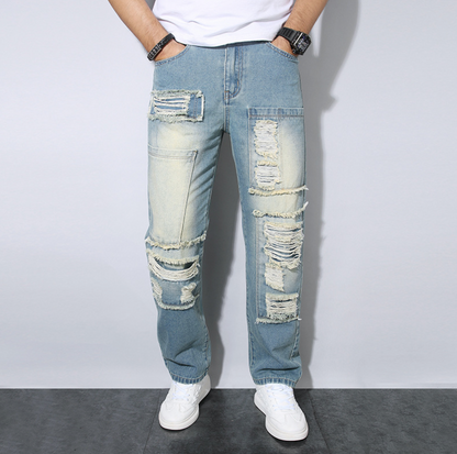 Jeans Uomo Loose Fit Dritto con Design Patchwork Strappato – Stile Streetwear