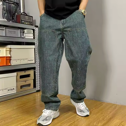 Jeans Uomo Loose Fit con Ricami – Vita Media e Vestibilità Rilassata