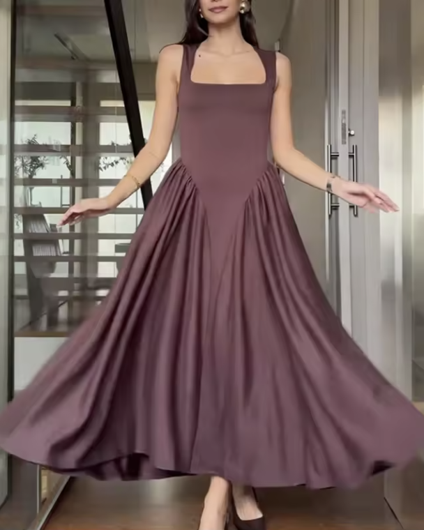 Women's Midi Dress with Square Neckline and Pleated Details – Elegant Classic