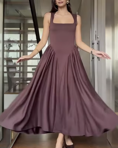 Women's Midi Dress with Square Neckline and Pleated Details – Elegant Classic