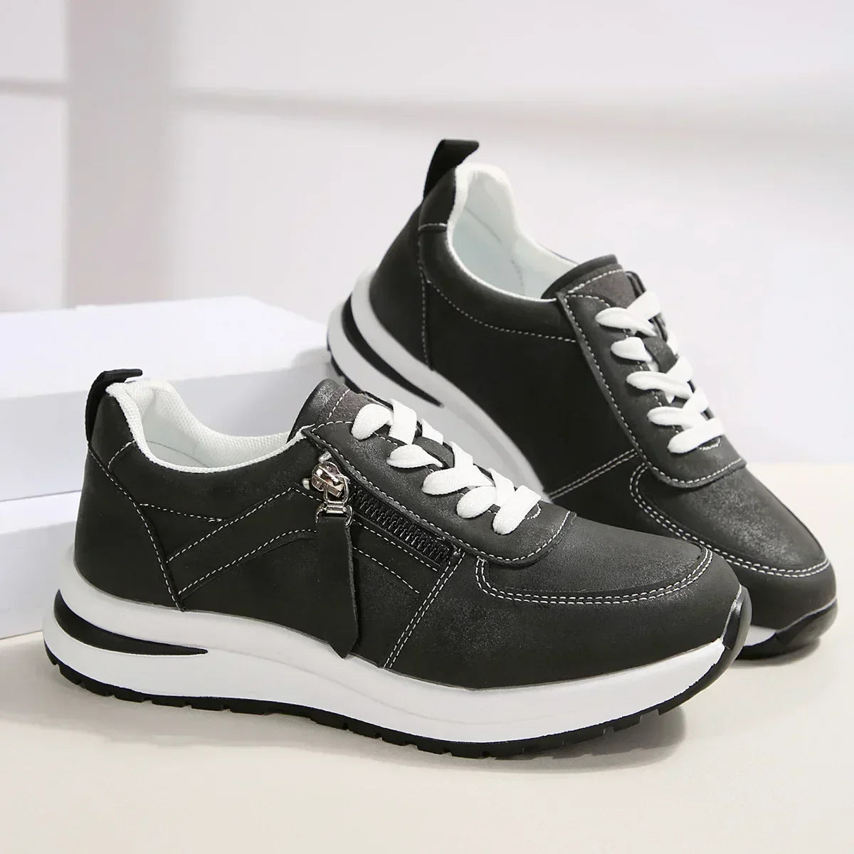 Women's Platform Sneakers with Laces and Side Zipper – Supportive Sole