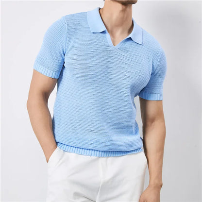 Men's Summer Polo with V-Neck and Elastic Hem