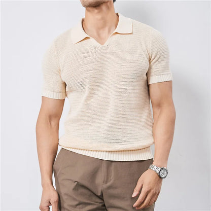 Men's Summer Polo with V-Neck and Elastic Hem