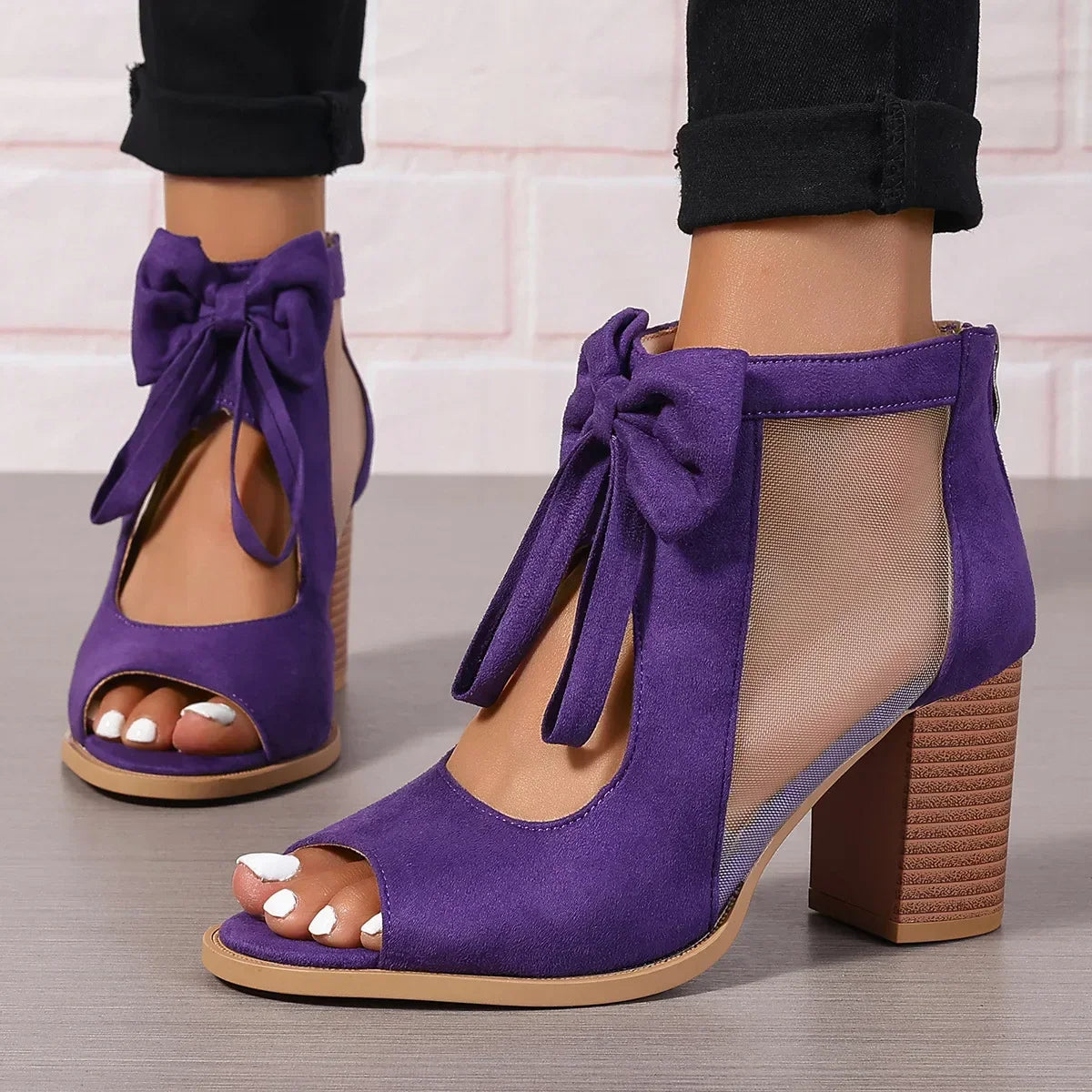 Women's Sandals with Heel, Bow, and Mesh Inserts – Back Zipper Closure