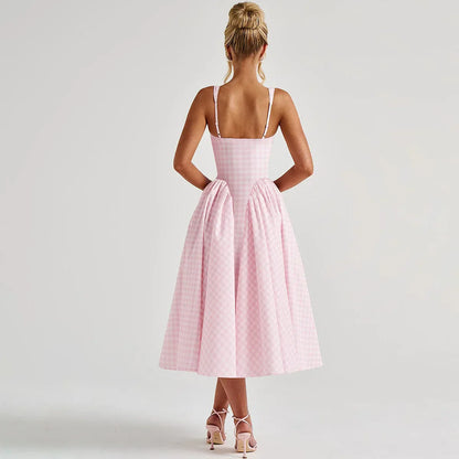 Women's Long Trapeze Dress with Checkered Pattern and Adjustable Straps – Casual Summer Dress