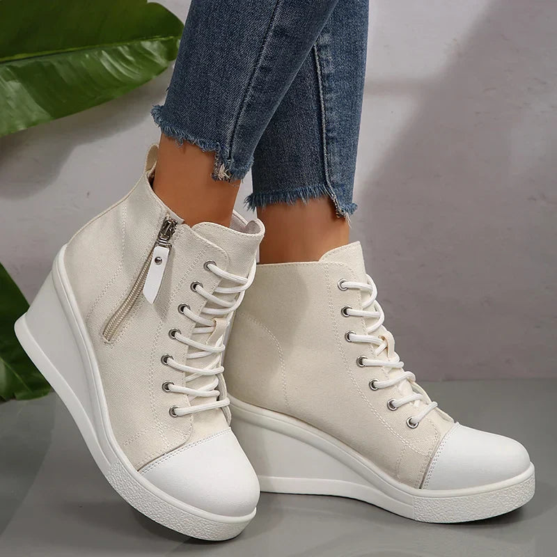 Women's Sneakers with Wedge, Side Zip, and Front Lacing