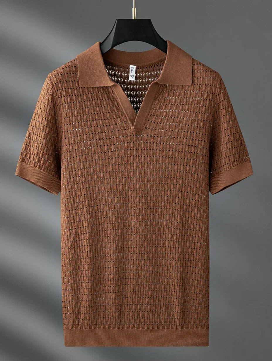 Men's Summer Polo Shirt in Lightweight Knit with Short Sleeves and Openwork Design
