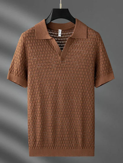 Men's Summer Polo Shirt in Lightweight Knit with Short Sleeves and Openwork Design