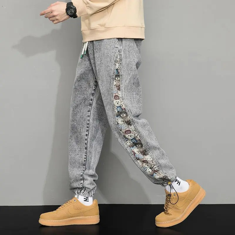 Men's Denim Style Jogger Pants with Bear Print – Comfortable Fit