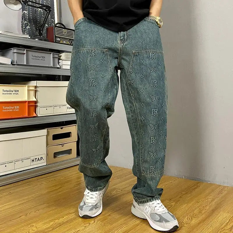 Jeans Uomo Loose Fit con Ricami – Vita Media e Vestibilità Rilassata