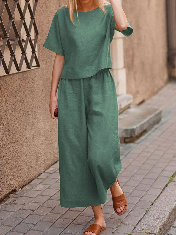Women's Summer Two-Piece Set – Crew Neck T-Shirt & Wide-Leg Pants