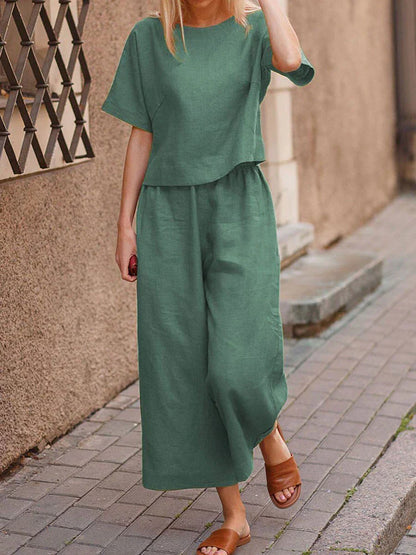 Women's Summer Two-Piece Set – Crew Neck T-Shirt & Wide-Leg Pants