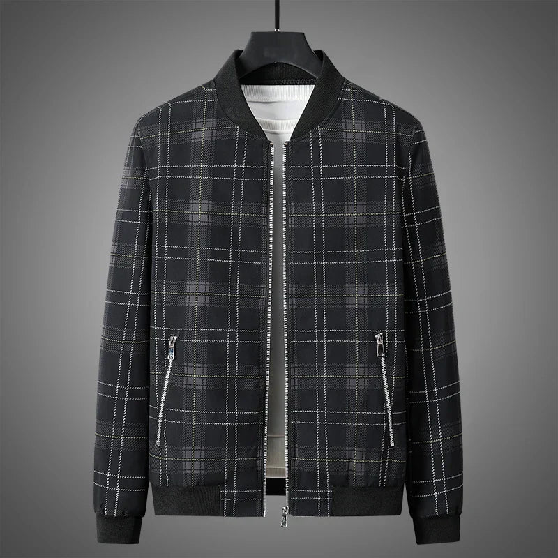 Giacca Bomber Uomo a Quadri con Zip Frontale e Finiture a Costine – Stile Autunnale