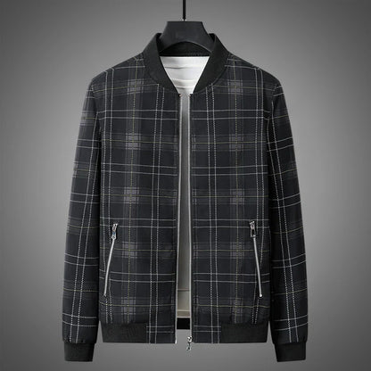 Giacca Bomber Uomo a Quadri con Zip Frontale e Finiture a Costine – Stile Autunnale