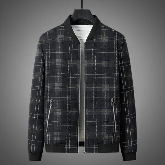 Giacca Bomber Uomo a Quadri con Zip Frontale e Finiture a Costine – Stile Autunnale