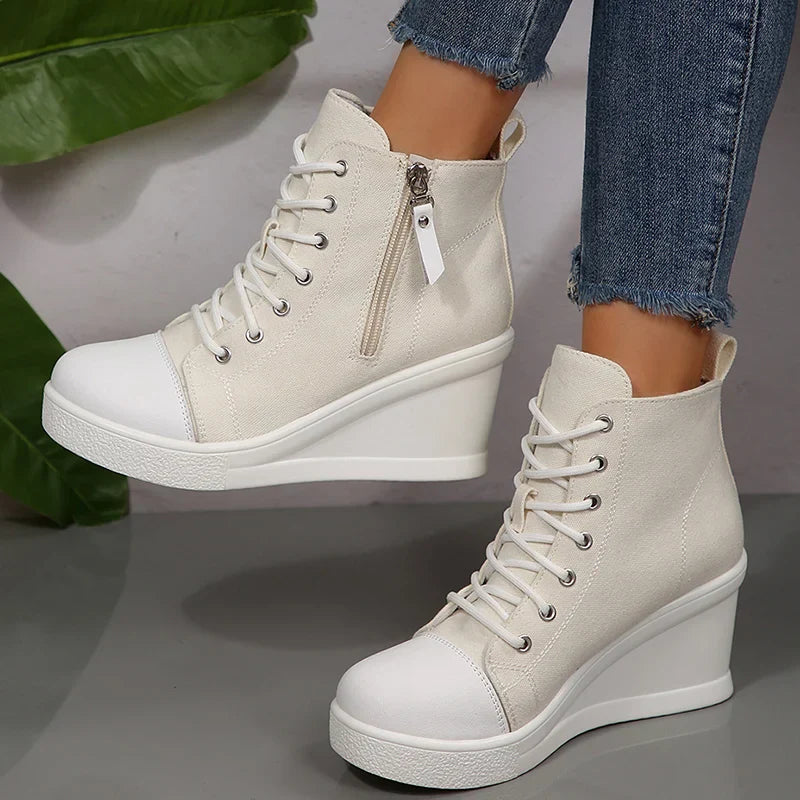 Women's Sneakers with Wedge, Side Zip, and Front Lacing