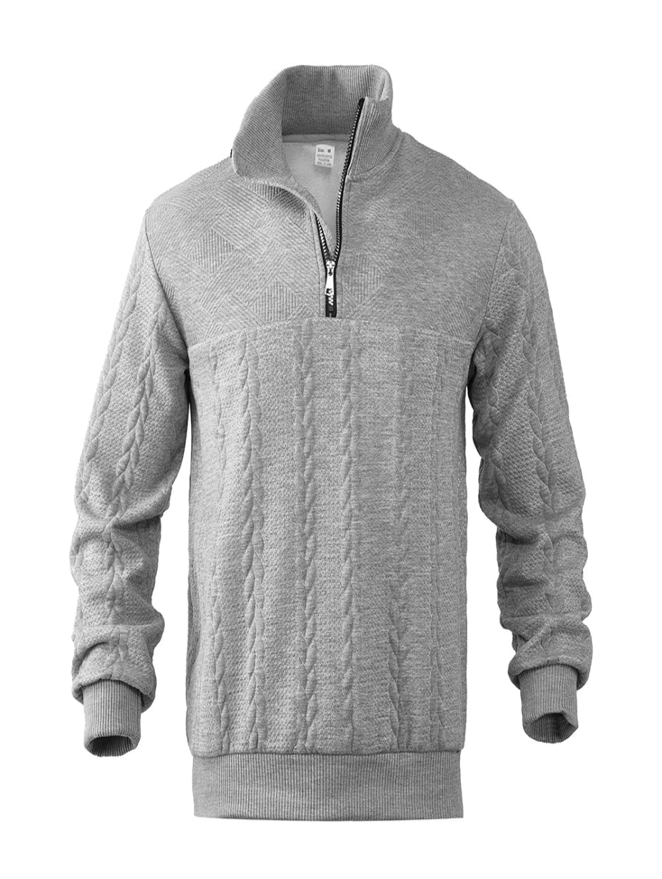 Herresweater i strik med halv lynlås, høj hals og fletmønster – Strikstil