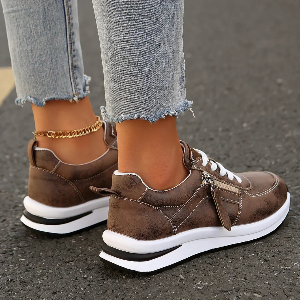 Women's Platform Sneakers with Laces and Side Zipper – Supportive Sole