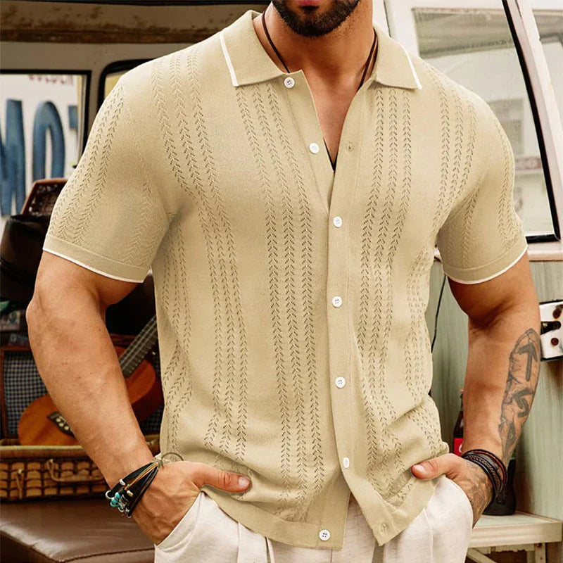 Camicia Uomo Estiva in Maglia Jacquard con Bottoni e Vestibilità Classica