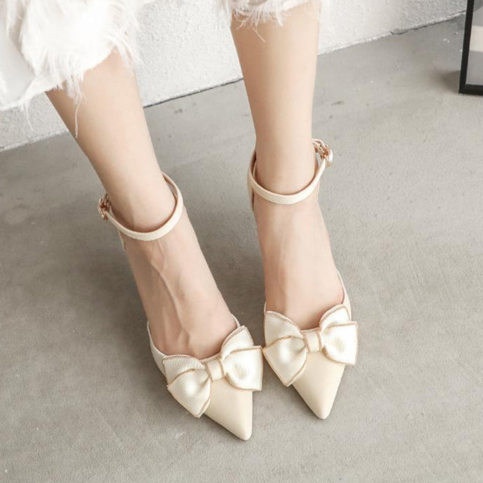 Women's Pointed Toe Pumps with Bow and Ankle Strap – Mid Heel