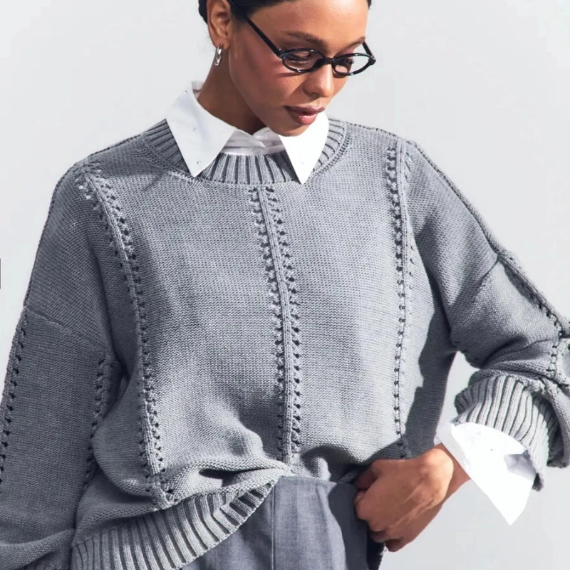 Maglione Donna Oversize in Maglia Traforata con Girocollo – Stile Leggero e Strutturato