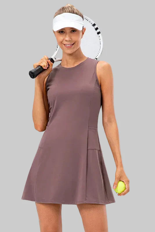 Women's Sleeveless Tennis Dress with Built-in Shorts and Pockets